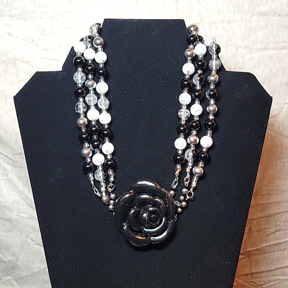 Triple Strand Necklace with Large Rose Accent